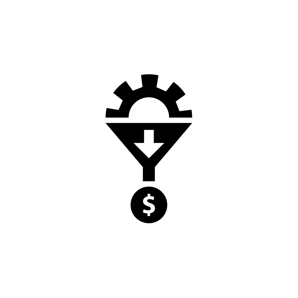 picture of a circular gear with a arrow inside of a triangle pointing down to small circle with the money sign in the middle of the circle